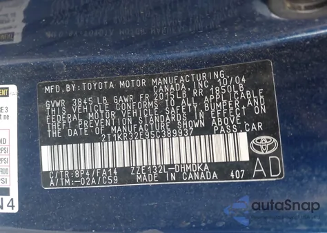 2005 Toyota Matrix Xr from USA, damaged, VIN 2T1KR32E95C389937